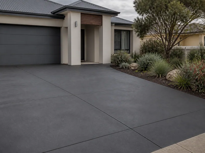 Charcoal coloured concrete driveway at a modern home