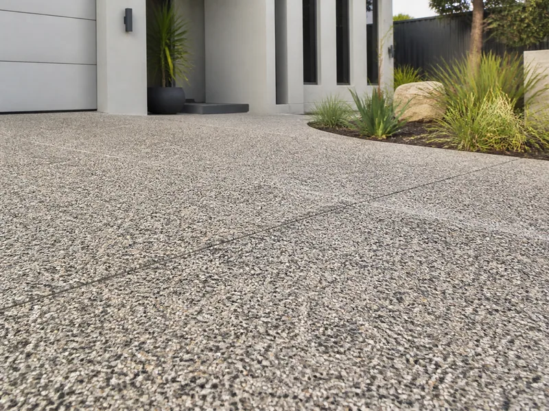 Close view of an exposed aggregate concrete driveway
