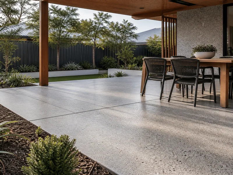 Honed concrete terrace with fine exposed aggregate
