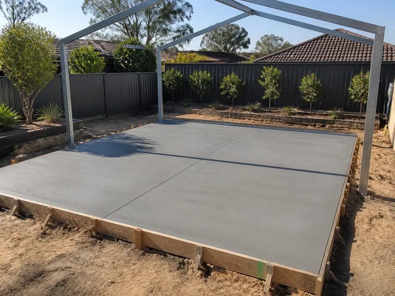 Fresh concrete slab prepared for a residential shed